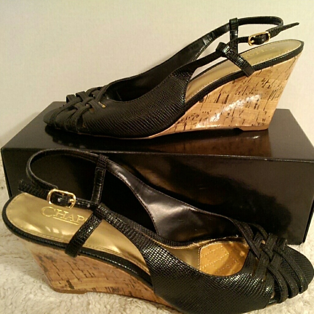 Chaps black faux leather wedge